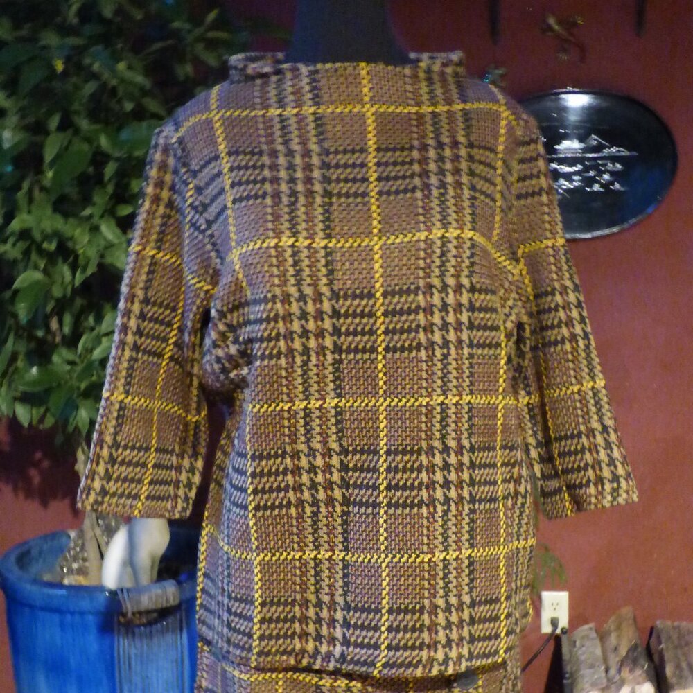 50'S PIN UP ROCKABILLY GOTH QUIRKY OFFICE BROWN CHECK MULTI TOP 12W (44) XL
